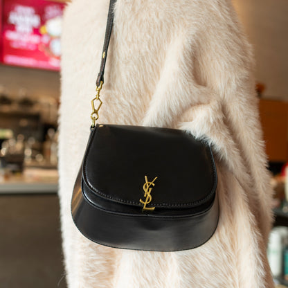 Glossy Black Gold Buckle Flap Saddle Bag