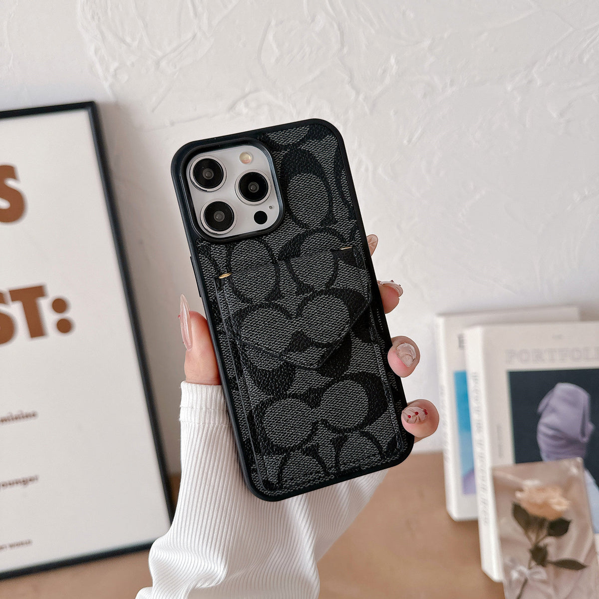 Klassisk iPhone-etui med kortholder og strop Lys sort -SJ240513