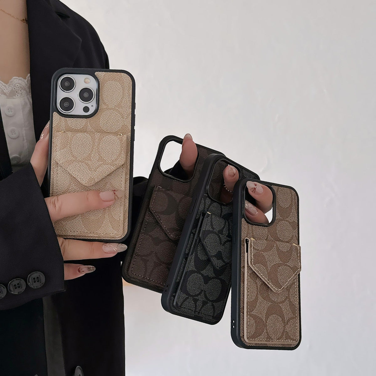 Klassisk iPhone-etui med kortholder og strop Lys sort -SJ240513