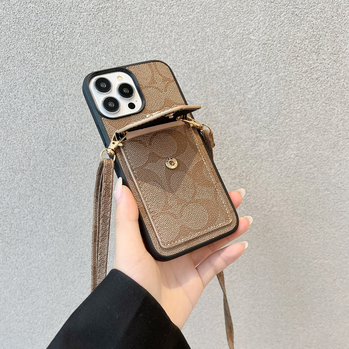 Klassisk iPhone-etui med kortholder og rem lysebrun -SJ240513