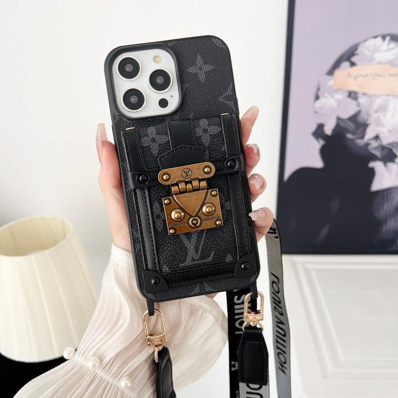 Lussuosa custodia per iPhone con catena a tracolla nera & bianca