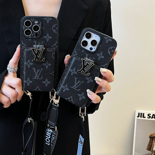 Custodia per iPhone nera con catena per portacarte di lusso