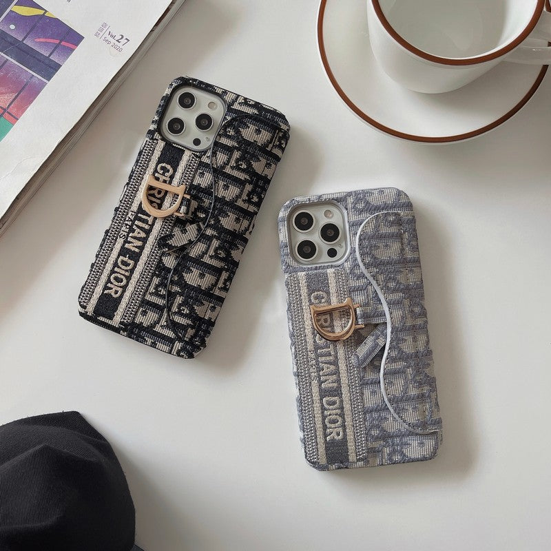 Custodia per iPhone con portacarte in tessuto nero & grigio alla moda