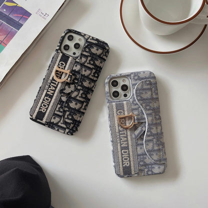 Custodia per iPhone con portacarte in tessuto nero & grigio alla moda