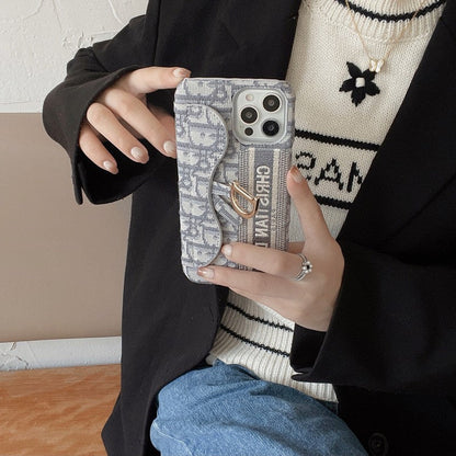 Custodia per iPhone con portacarte in tessuto nero & grigio alla moda