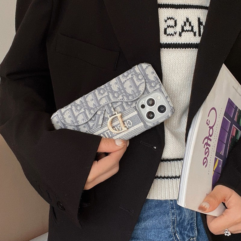 Custodia per iPhone con portacarte in tessuto nero & grigio alla moda