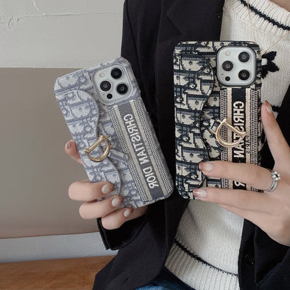 Custodia per iPhone con portacarte in tessuto nero & grigio alla moda
