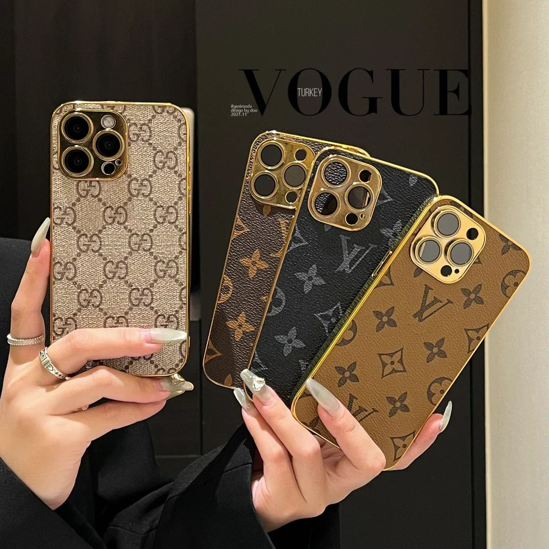 Luksus klassisk monogram iPhone-etui med galvaniserede guldkanter