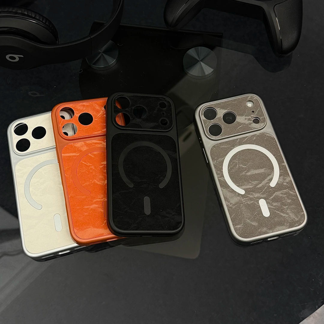 Coque pour iPhone en cuir de qualité supérieure, compatible MagSafe, avec finition texturée neige