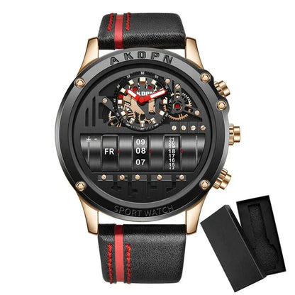 Stylish Quartz Men's Watch with Unique Rotating Date and Leather Strap - Military-Inspired Casual Timepiece