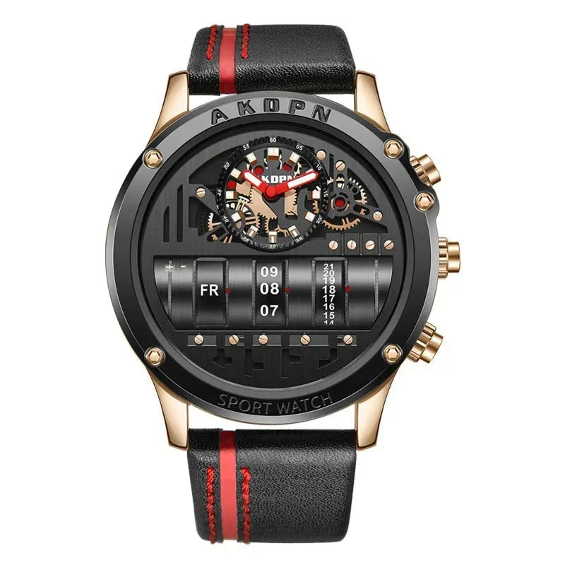Stylish Quartz Men's Watch with Unique Rotating Date and Leather Strap - Military-Inspired Casual Timepiece